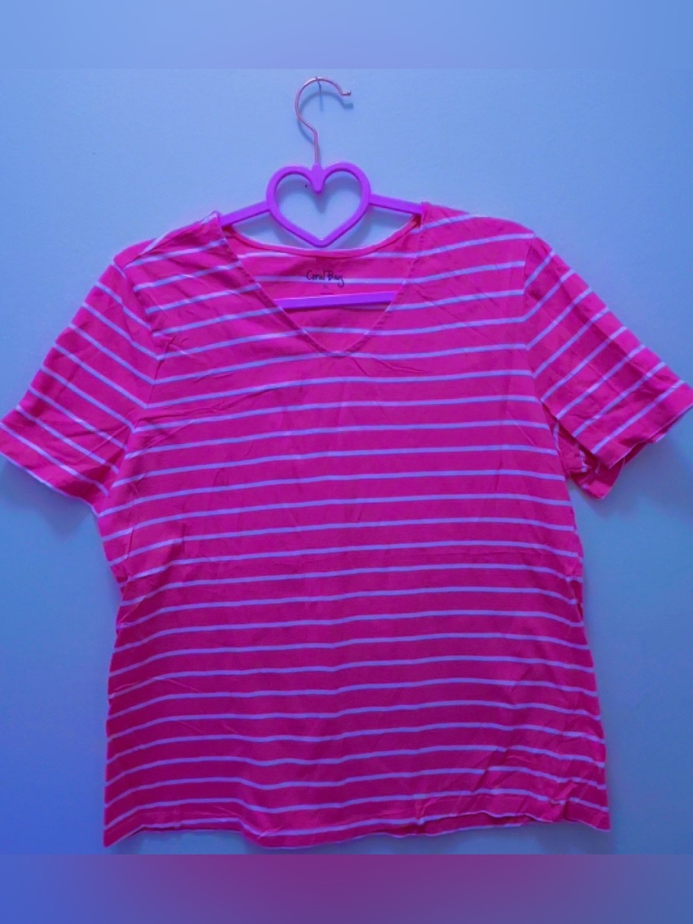 Coral Bay Pink and White Striped V-Neck Short Sleeve Top